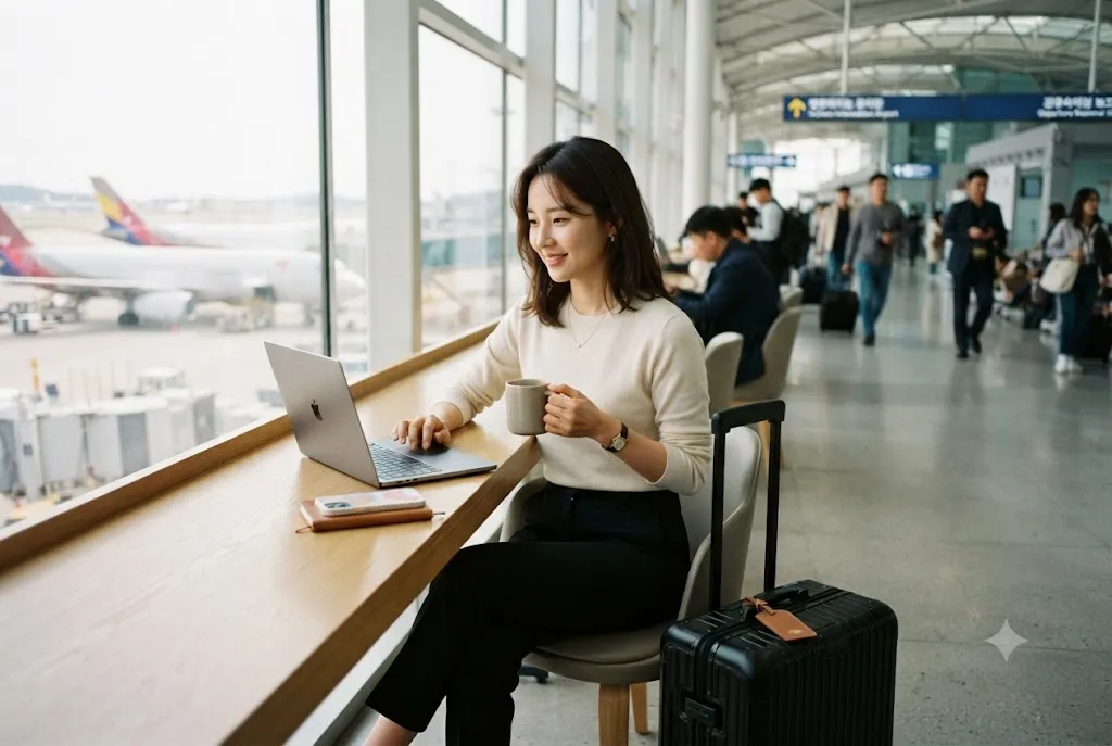 공항 라운지에서 노트북을 쓰는 한국인 여성